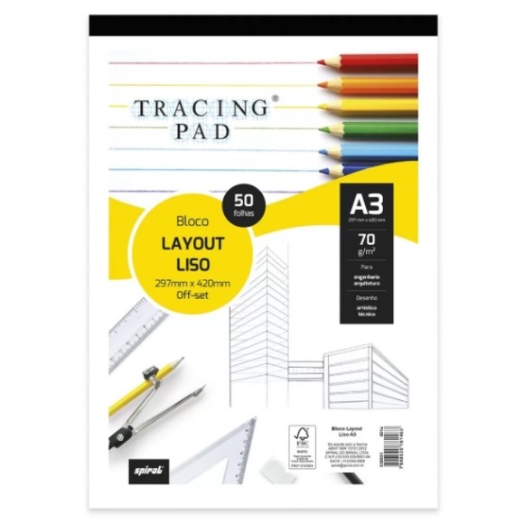 BLOCO LAYOUT LISO A3 70G/M² TRACING PAD - SPIRAL